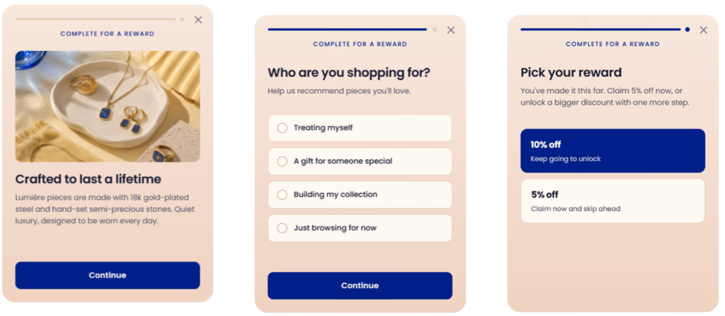 Jewelry brand three-step Learn to Earn flow: brand story, shopping preference question, and tiered reward picker