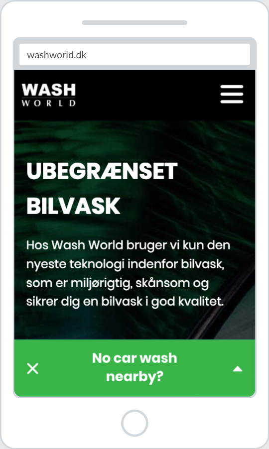 Popup teaser from the Danish car wash brand Wash World asking if there's no car wash nearby.