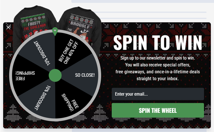 Spin to Win popup on a Christmas sweater ecommerce site with BOGO 40% off, free shipping, and discount prizes on the wheel
