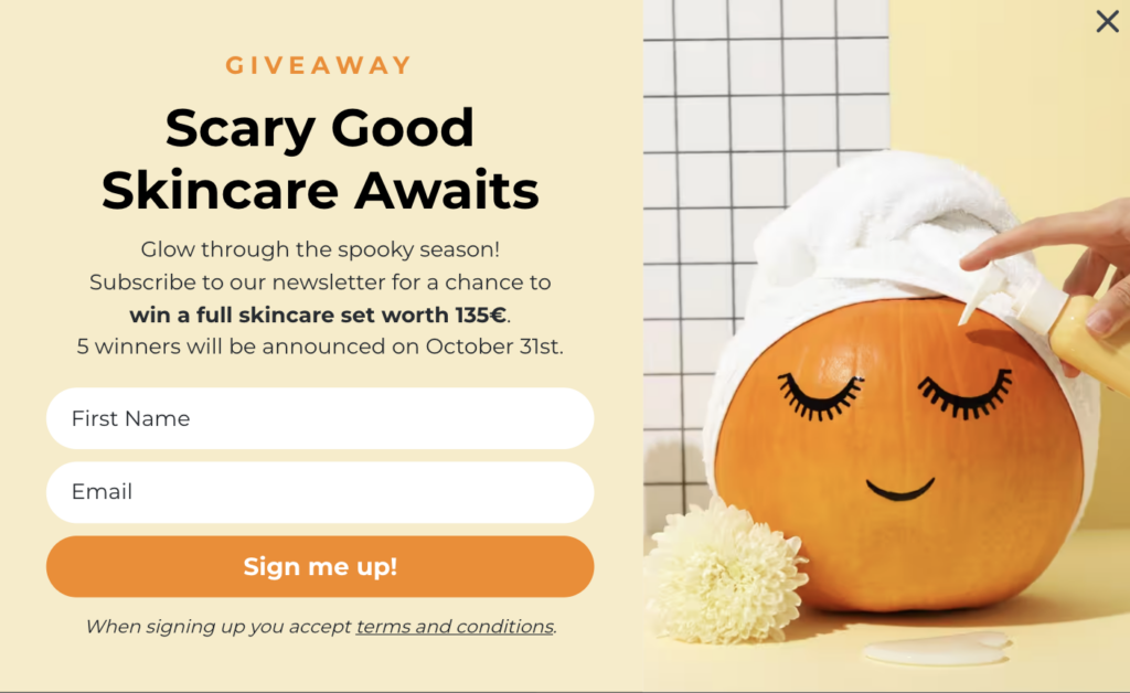 Skincare brand step 1: 'Scary Good Skincare Awaits' Halloween giveaway popup with first name and email fields