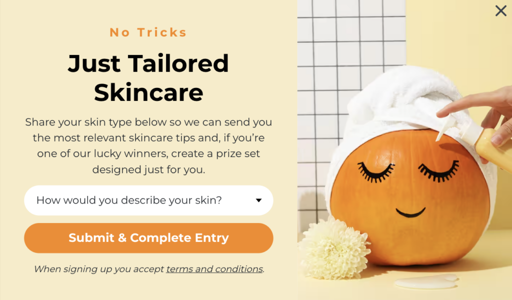 Skincare brand step 2: 'No Tricks Just Tailored Skincare' multistep follow-up capturing skin type for a personalized prize set