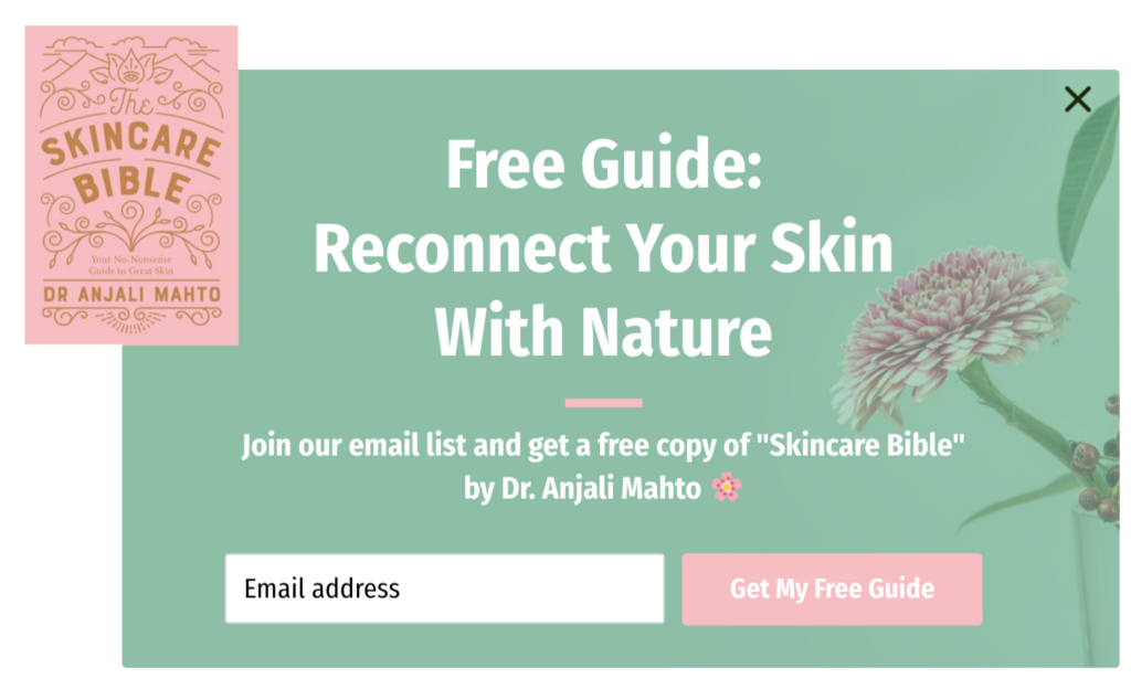 Skincare brand popup offering a free copy of the 'Skincare Bible' as a lead magnet