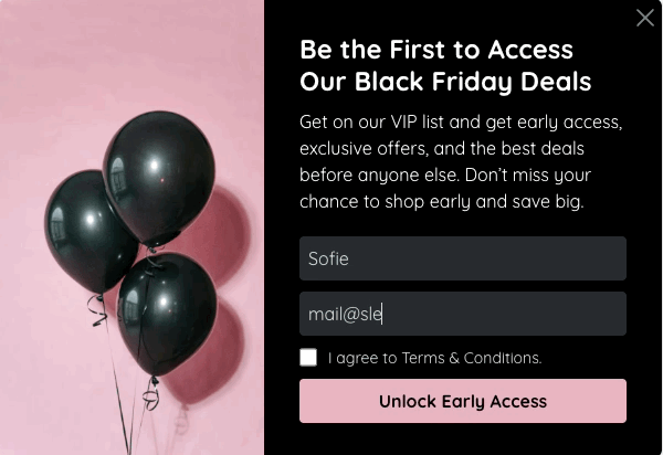 Black Friday VIP early-access popup with black balloons offering early deal access for newsletter subscribers