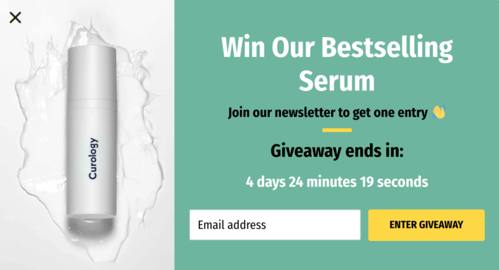 Newsletter giveaway popup offering a bestselling serum as the prize with countdown timer