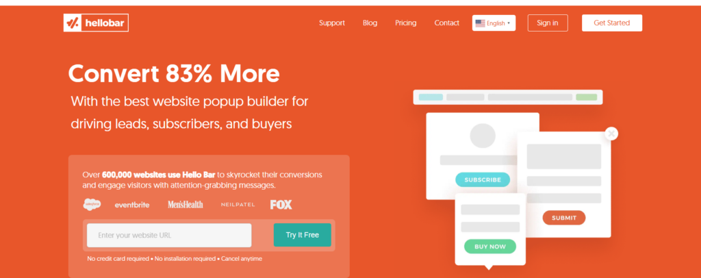 The list bulding tool HelloBar's homepage