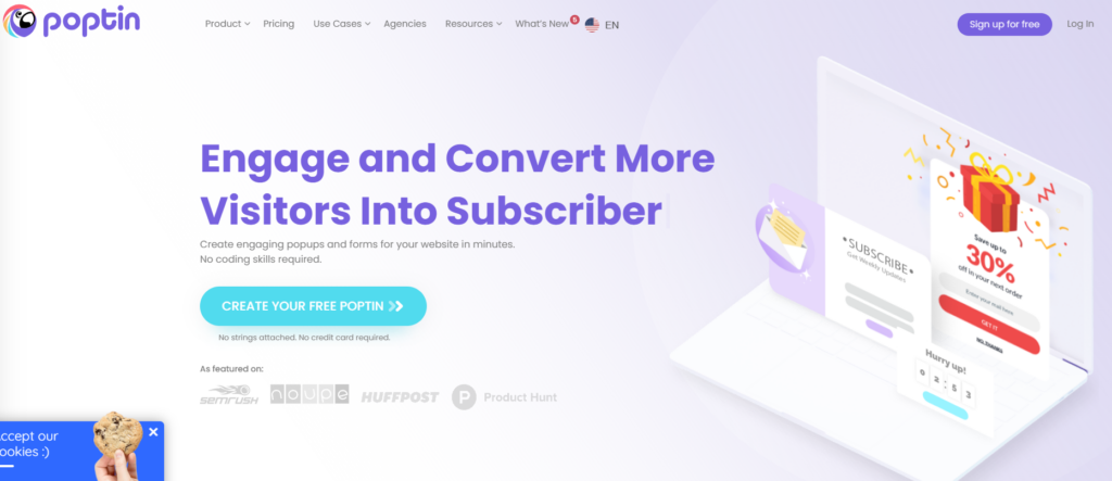 Poptin popup software homepage