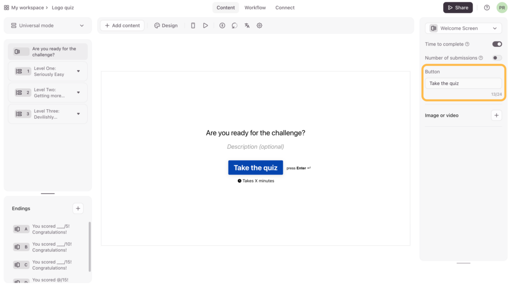 TypeForm quiz dashboard.