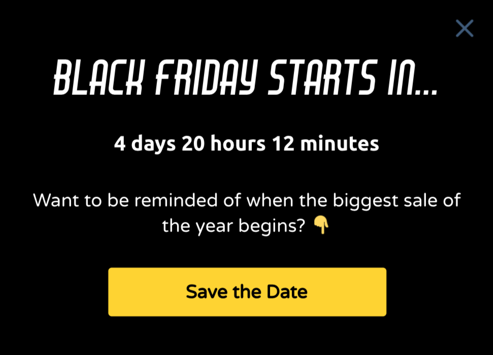 Black Friday pre-sale teaser popup with a countdown and a Save the Date button