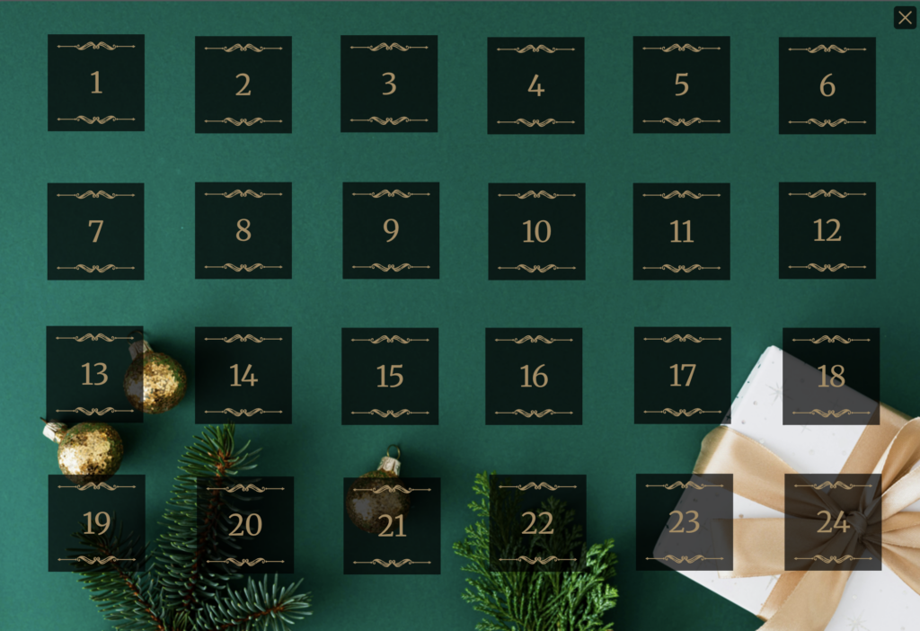 Christmas advent calendar marketing example with 24 gold-numbered doors