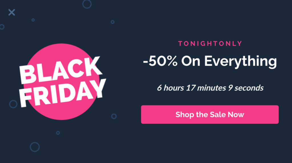 Black Friday countdown timer popup with a tonight-only 50% off offer