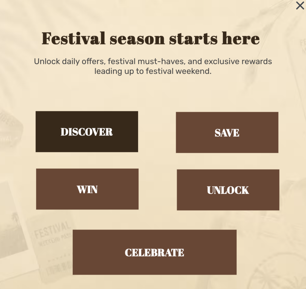 Festival season calendar marketing example with daily rewards before the weekend
