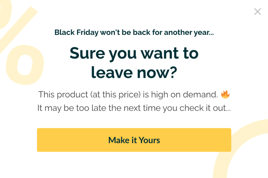 Black Friday exit-intent cart abandonment popup asking if you really want to leave