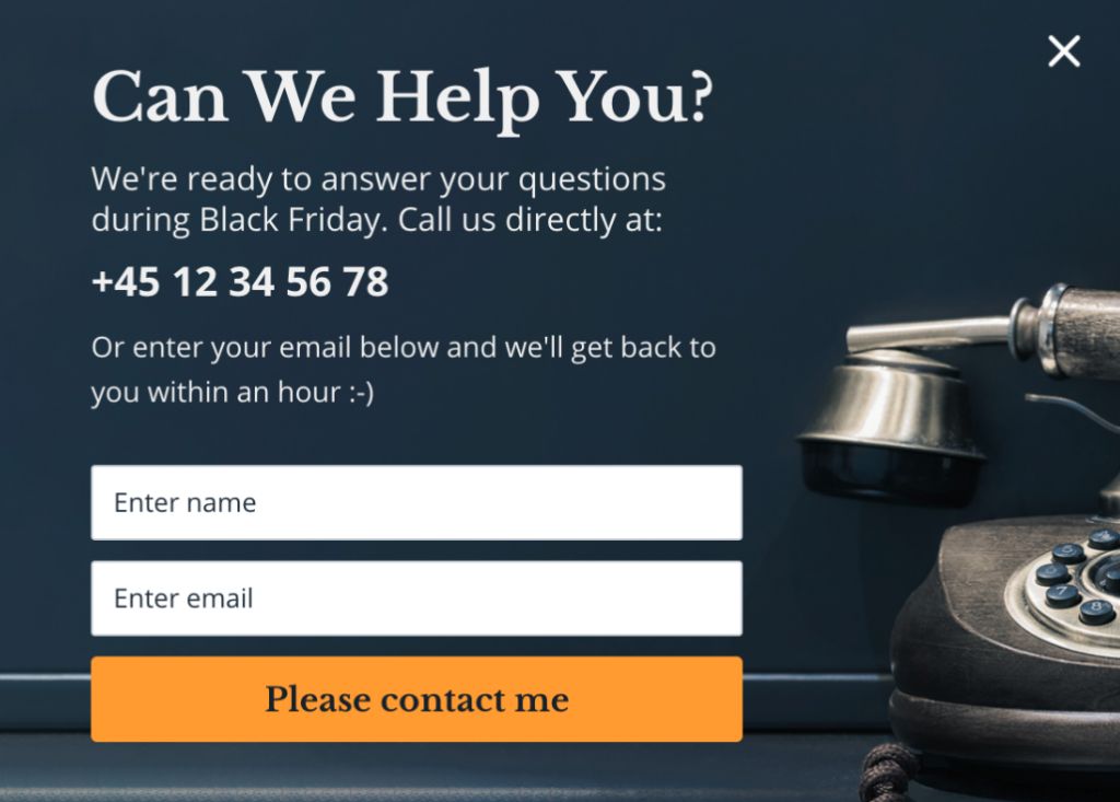 Black Friday customer service popup with a phone number and a short contact form