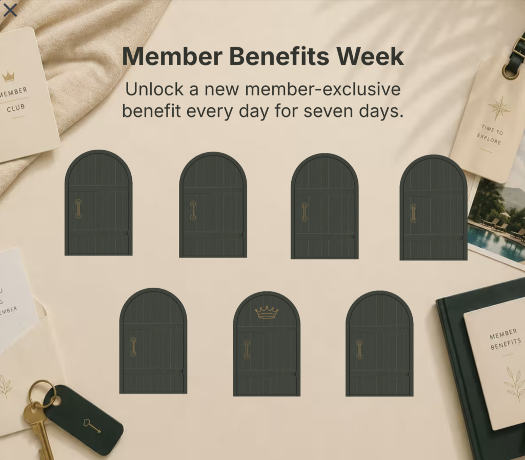 Member Benefits Week calendar marketing example with seven member-exclusive doors