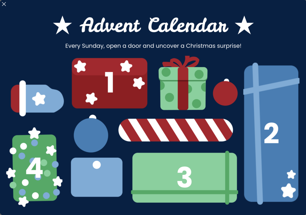Four-door Christmas calendar revealing a surprise every Sunday of Advent