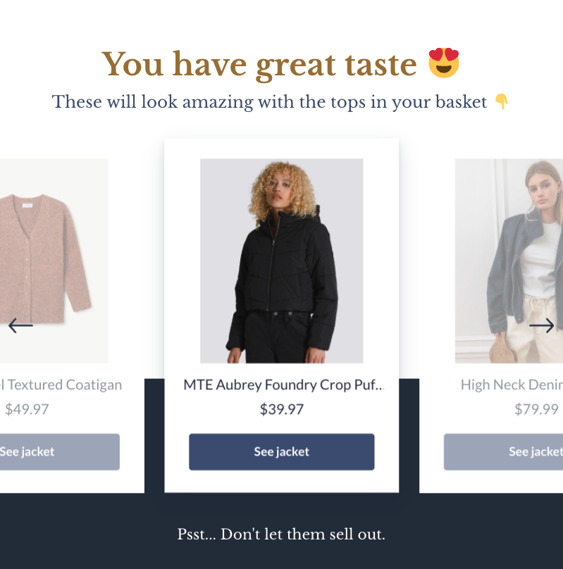 Onsite product recommendation carousel suggesting items to pair with the cart to reduce cart abandonment