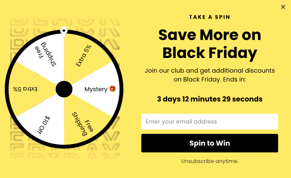 Black Friday spin-to-win popup with a yellow discount wheel and email signup