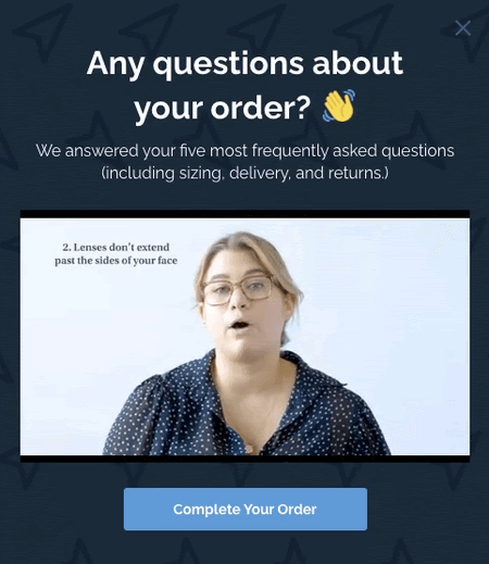 Guide popup answering common order questions about sizing, delivery, and returns to reduce cart abandonment