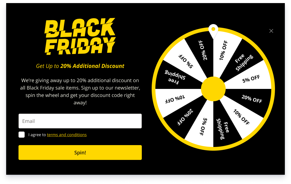 Black Friday spin-to-win popup offering up to 20% additional discount on sale items
