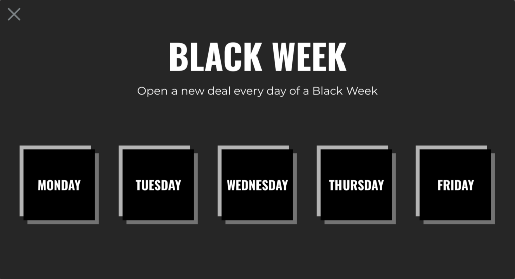 Black Week daily deals calendar marketing example with one deal per day