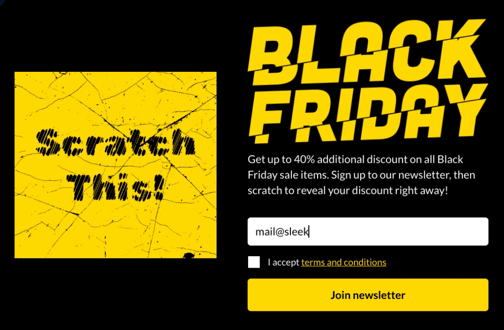 Black Friday scratch card popup offering up to 40% off after a newsletter signup