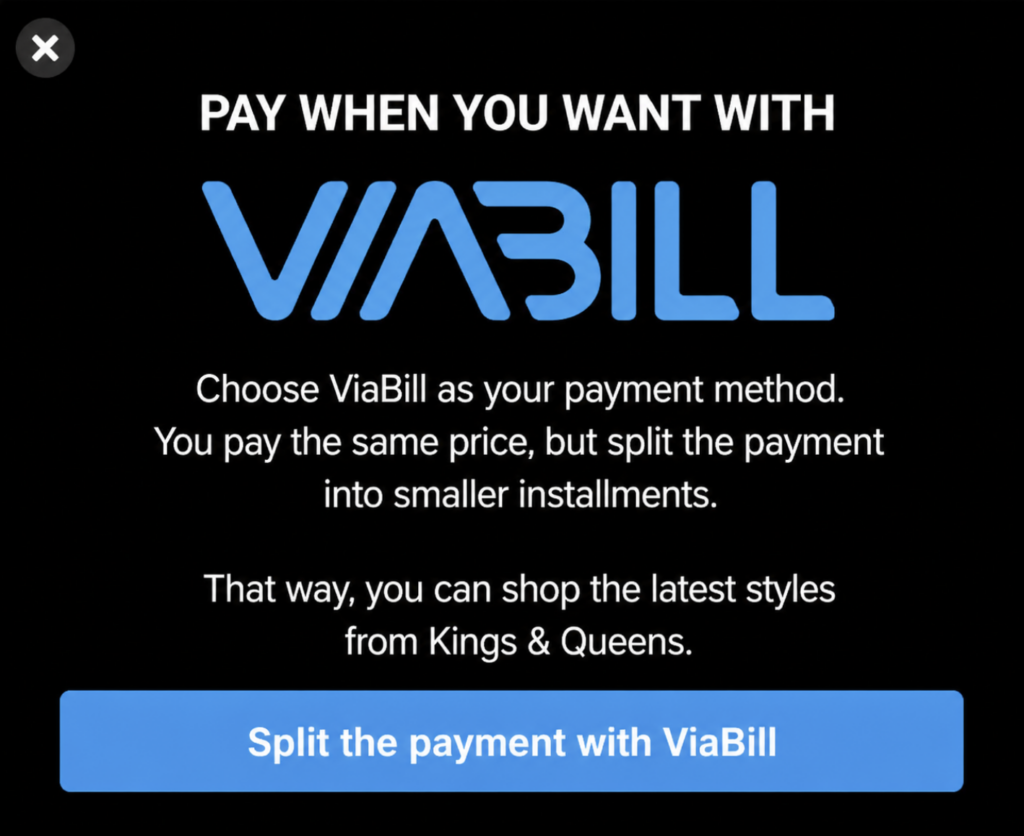 Kings and Queens popup promoting ViaBill pay-later option to reduce cart abandonment