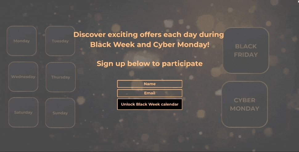 Black Week and Cyber Monday calendar with email signup to unlock daily deals