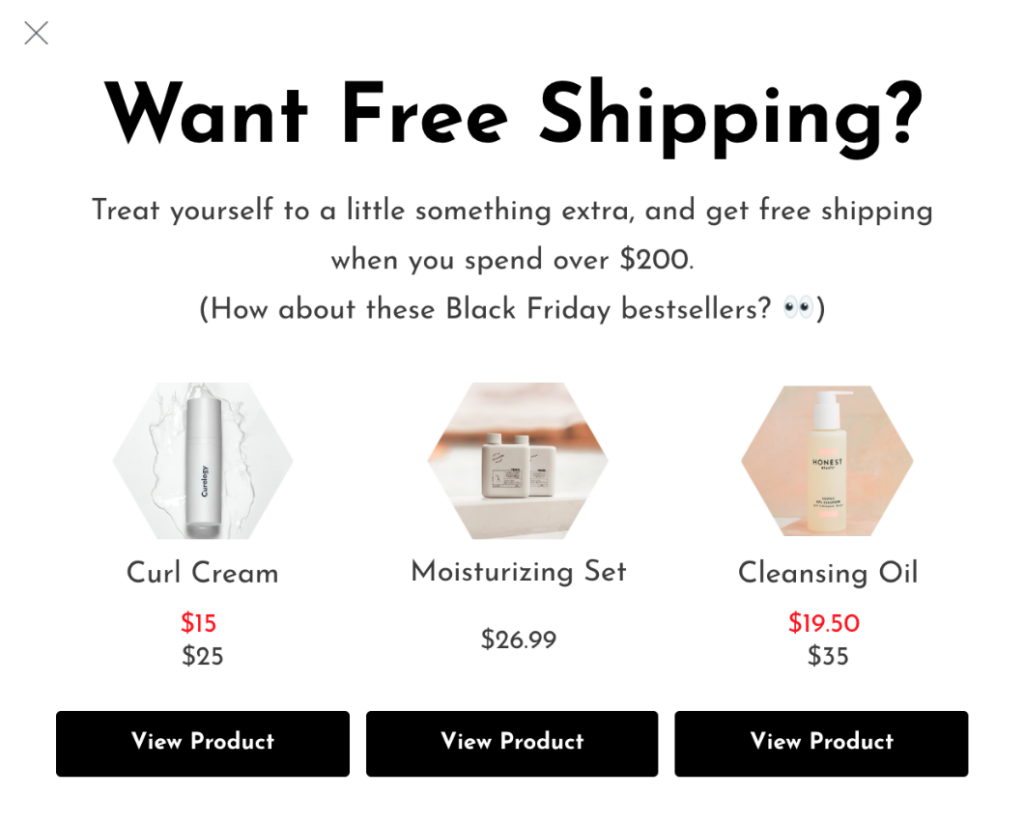 Black Friday free-shipping threshold popup recommending bestselling products