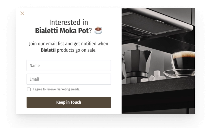 Product-context popup tied to the item a shopper viewed to reduce cart abandonment