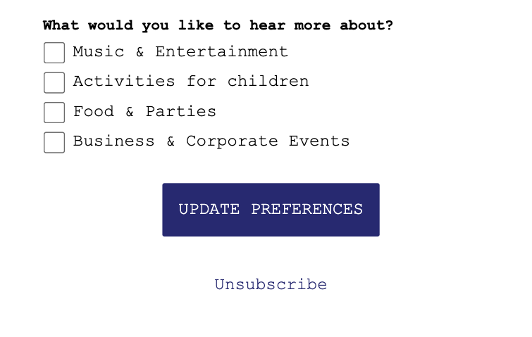 Email preference center asking subscribers what they want to hear about to collect zero-party data
