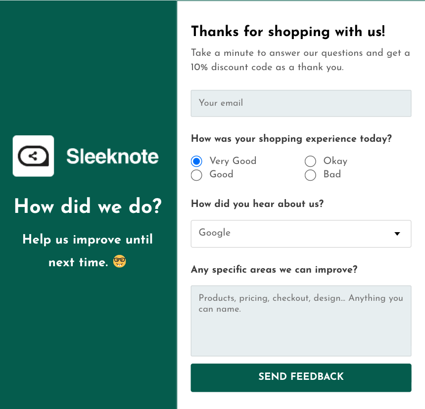 Post-purchase survey popup collecting zero-party data in exchange for a discount