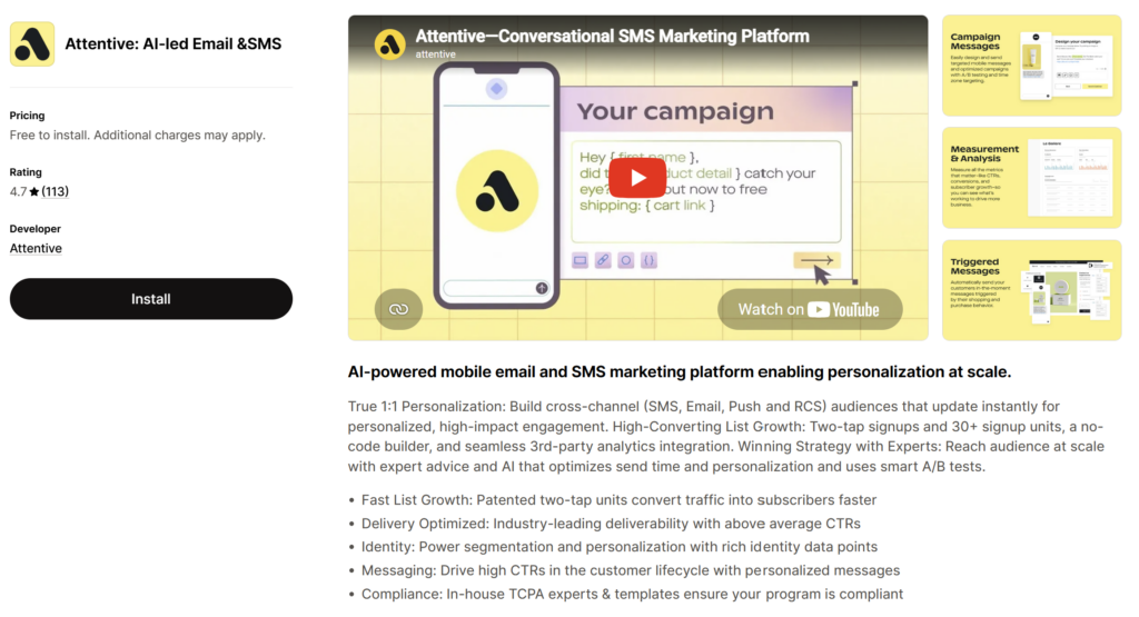 Attentive SMS marketing app on the Shopify App Store