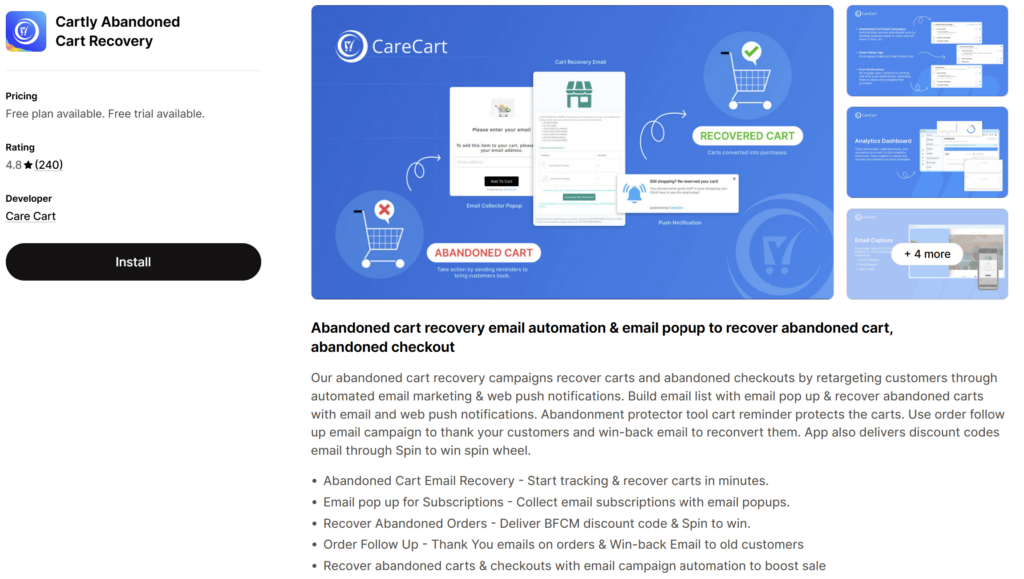 Cartly abandoned cart recovery app on the Shopify App Store