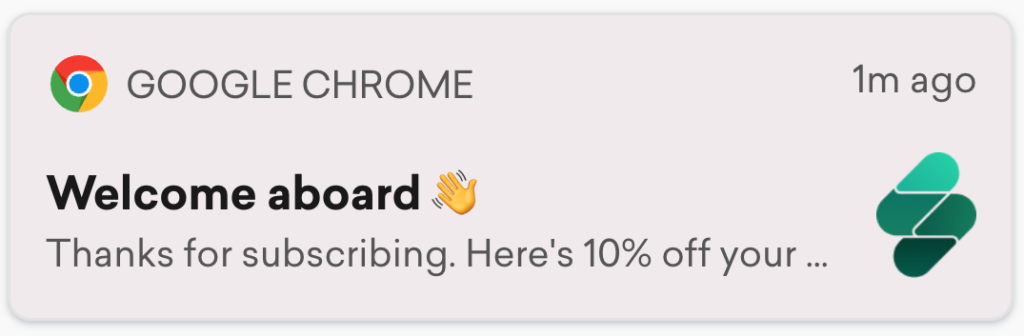 Welcome web push notification example offering a first-order discount