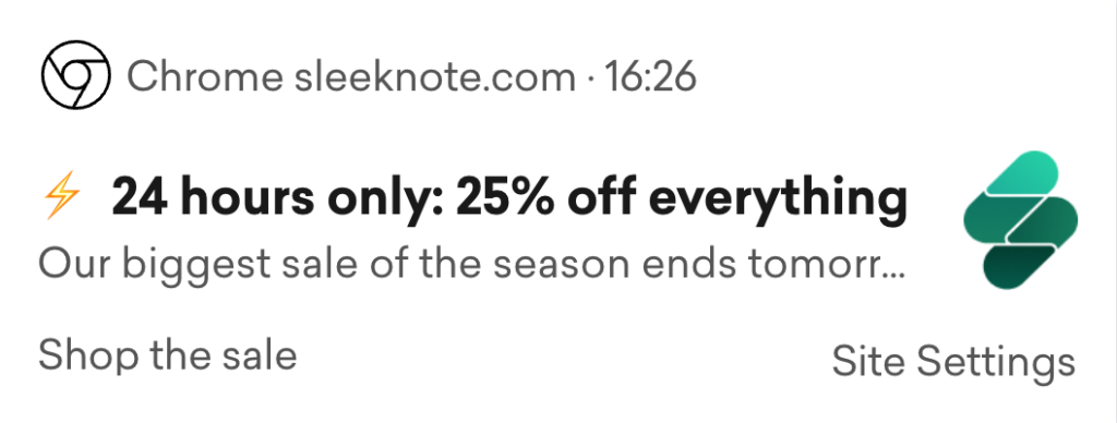 Flash sale web push notification example showing a 25% off deadline offer