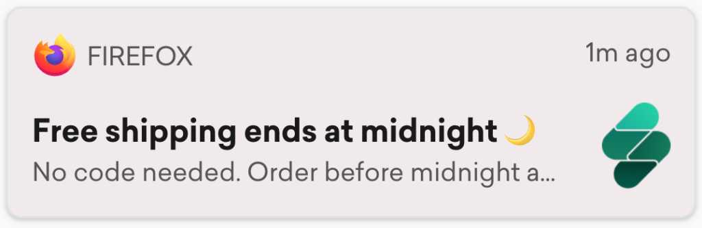 Limited-time web push notification example promoting free shipping until midnight