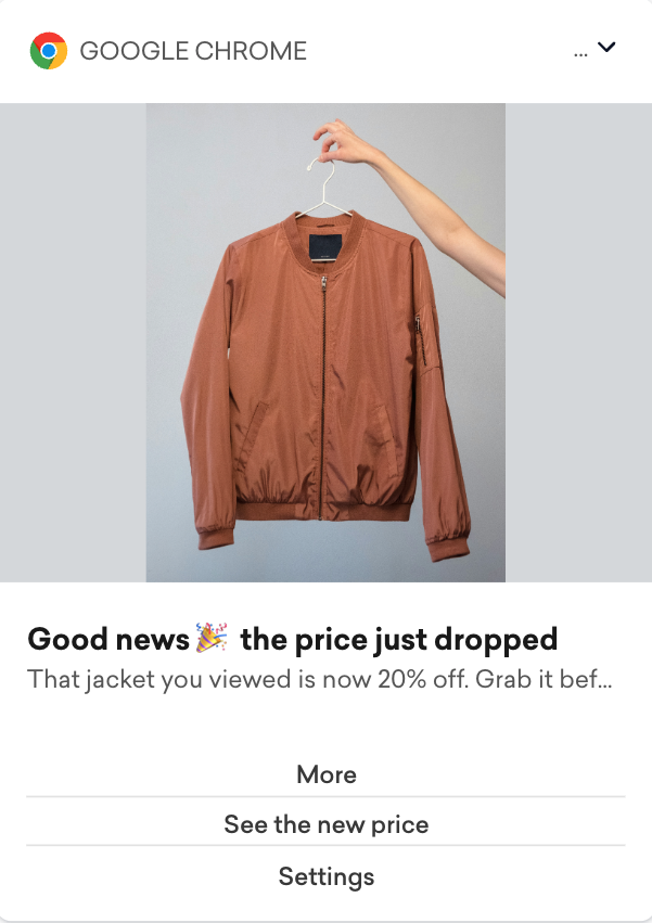 Price-drop web push notification example referencing a previously viewed product