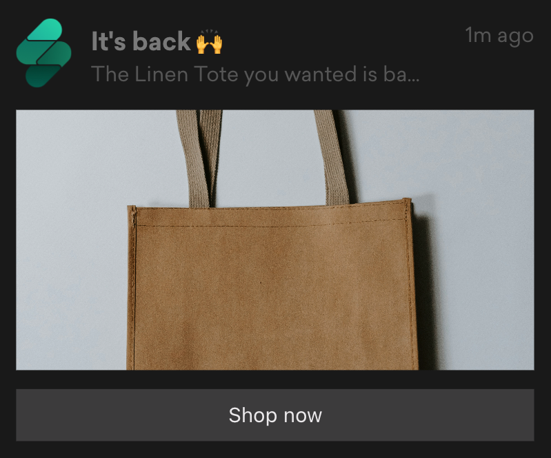 Back-in-stock web push notification example for a restocked product