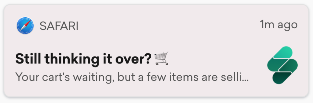 Abandoned cart web push notification example nudging a shopper back to checkout