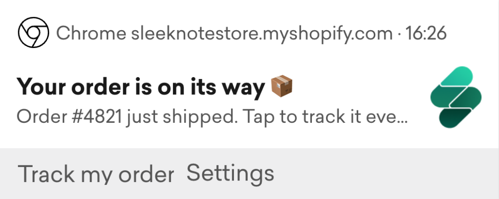 Order and shipping update web push notification example with a tracking link
