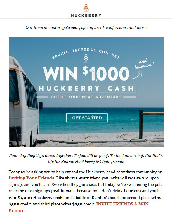 Huckberry Spring Referral Contest popup gamification marketing example
