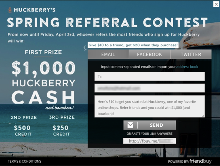 Huckberry referral contest email promoting the $1,000 prize